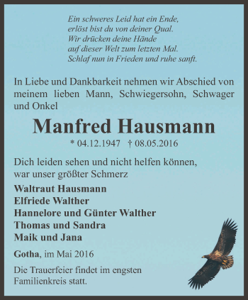 Traueranzeige von Manfred Hausmann von Ostthüringer Zeitung, Thüringische Landeszeitung