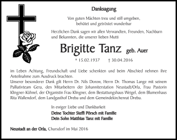 Traueranzeige von Brigitte Tanz von Ostthüringer Zeitung