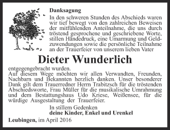 Traueranzeige von Dieter Wunderlich von Thüringer Allgemeine