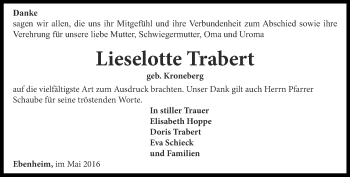 Traueranzeige von Lieselotte Trabert von Ostthüringer Zeitung, Thüringische Landeszeitung