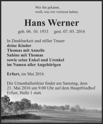 Traueranzeige von Hans Werner