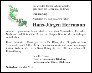 Traueranzeige von Hans-Jürgen Herrmann von Ostthüringer Zeitung