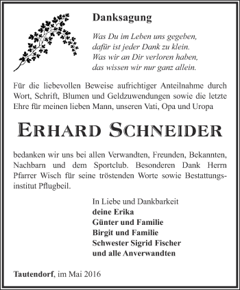 Traueranzeige von Erhard Schneider von Ostthüringer Zeitung