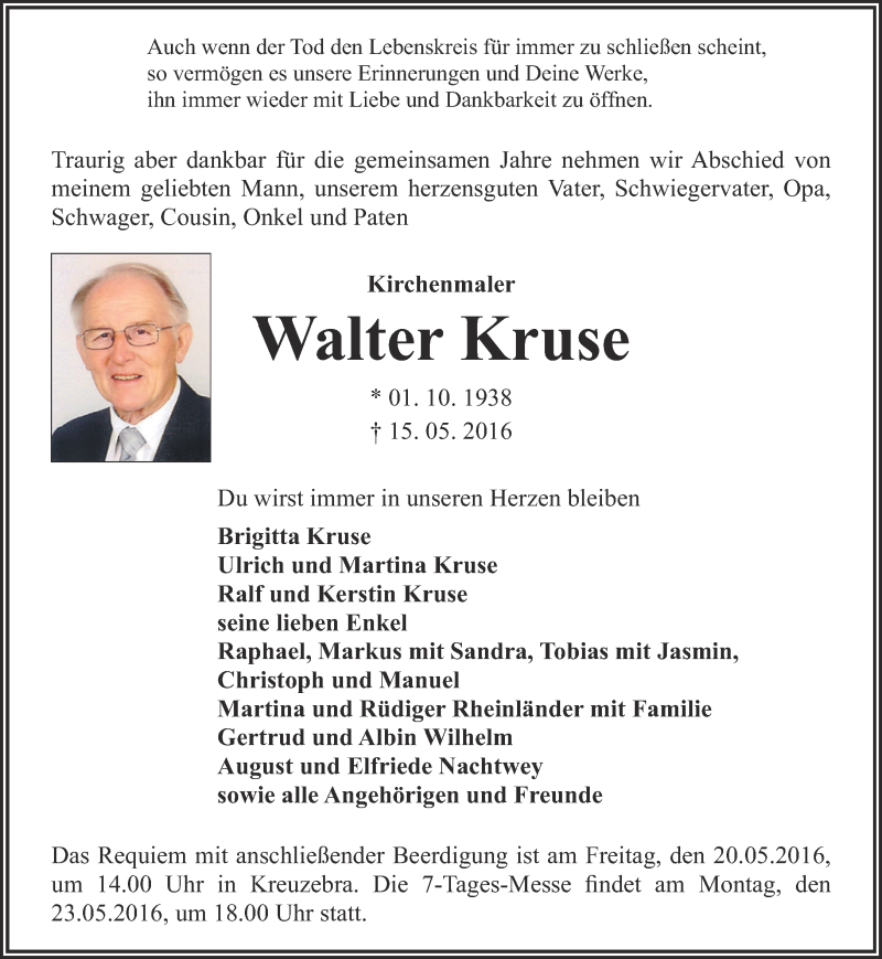  Traueranzeige für Walter Kruse vom 18.05.2016 aus Thüringer Allgemeine, Thüringische Landeszeitung