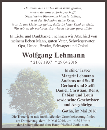Traueranzeige von Wolfgang Lehmann von Ostthüringer Zeitung, Thüringische Landeszeitung