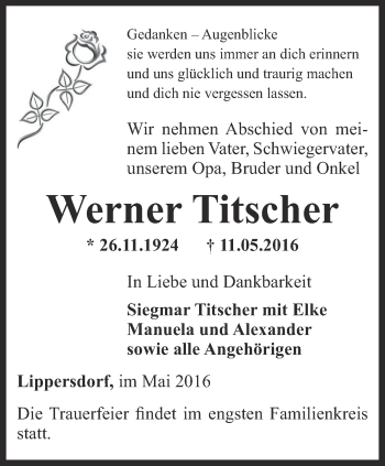Traueranzeige von Werner Titscher von Ostthüringer Zeitung
