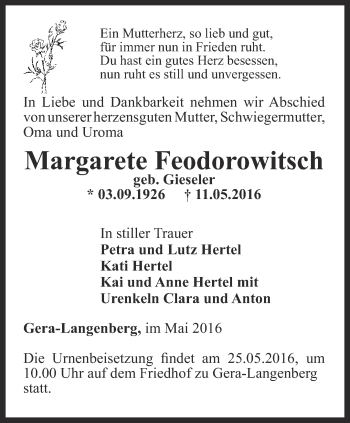 Traueranzeige von Margarete Feodorowitsch von Ostthüringer Zeitung