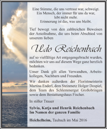 Traueranzeige von Udo Reichenbach von Thüringer Allgemeine, Thüringische Landeszeitung