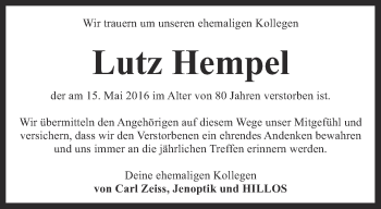 Traueranzeige von Lutz Hempel von Ostthüringer Zeitung, Thüringische Landeszeitung