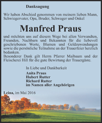 Traueranzeige von Manfred Praus von Ostthüringer Zeitung, Thüringische Landeszeitung