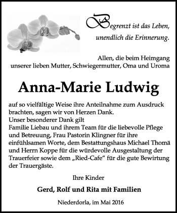 Traueranzeige von Anna-Marie Ludwig von Thüringer Allgemeine, Thüringische Landeszeitung