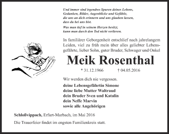 Traueranzeige von Meik Rosenthal von Thüringer Allgemeine