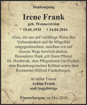 Traueranzeige von Irene Frank von Ostthüringer Zeitung, Thüringische Landeszeitung