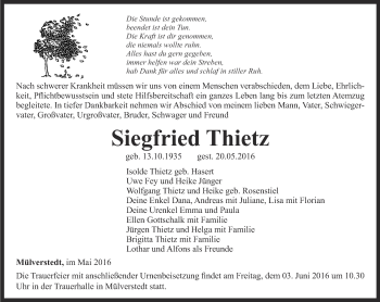 Traueranzeige von Siegfried Thietz von Thüringer Allgemeine, Thüringische Landeszeitung