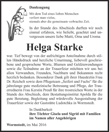Traueranzeige von Helga Starke von Thüringer Allgemeine, Thüringische Landeszeitung