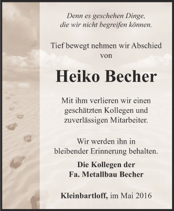 Traueranzeige von Heiko Becher von Thüringer Allgemeine