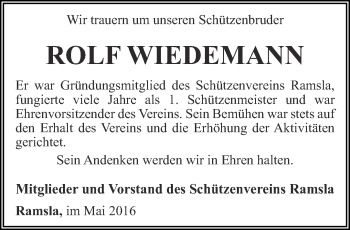 Traueranzeige von Rolf Wiedemann von Thüringer Allgemeine, Thüringische Landeszeitung