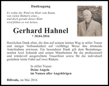 Traueranzeige von Gerhard Hahnel von Thüringer Allgemeine