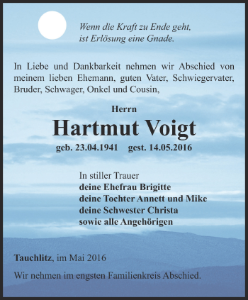 Traueranzeige von Hartmut Voigt von Ostthüringer Zeitung