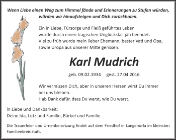 Traueranzeige von Karl Mudrich von Ostthüringer Zeitung