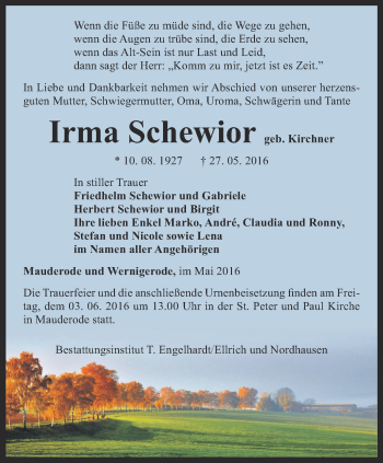 Traueranzeige von Irma Schewior  von Thüringer Allgemeine