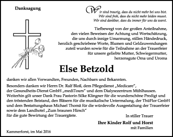 Traueranzeige von Else Betzold von Thüringer Allgemeine, Thüringische Landeszeitung