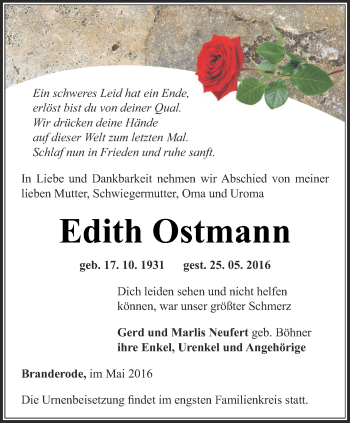 Traueranzeige von Edith Ostmann von Thüringer Allgemeine