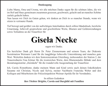 Traueranzeige von Gisela Necke von Thüringer Allgemeine, Thüringische Landeszeitung