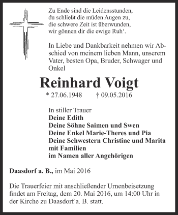 Traueranzeige von Reinhard Voigt von Thüringer Allgemeine, Thüringische Landeszeitung