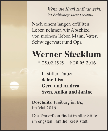 Traueranzeige von Werner Stecklum von Ostthüringer Zeitung