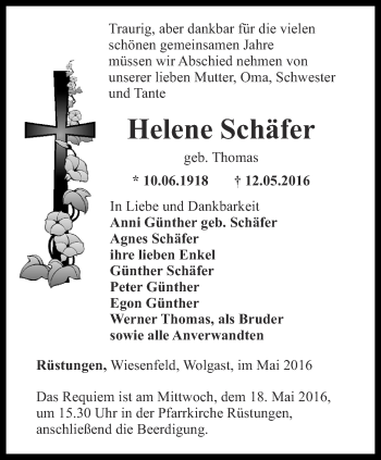 Traueranzeige von Helene Schäfer von Thüringer Allgemeine