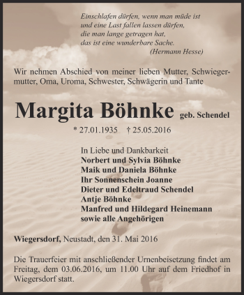 Traueranzeige von Margita Böhnke von Thüringer Allgemeine