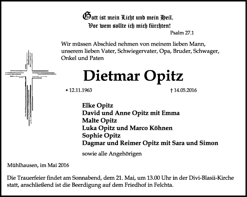  Traueranzeige für Dietmar Opitz vom 19.05.2016 aus Thüringer Allgemeine, Thüringische Landeszeitung