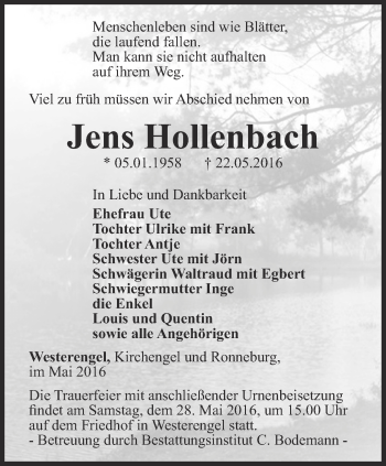 Traueranzeige von Jens Hollenbach von Thüringer Allgemeine