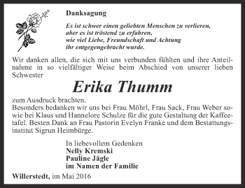 Traueranzeige von Erika Thumm von Thüringer Allgemeine, Thüringische Landeszeitung