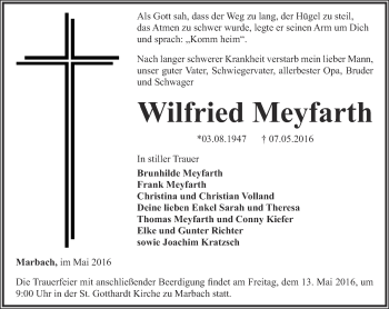 Traueranzeige von Wilfried Meyfarth von Thüringer Allgemeine, Thüringische Landeszeitung