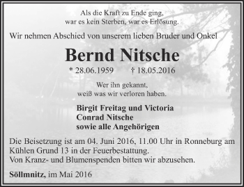 Traueranzeige von Bernd Nitsche von Ostthüringer Zeitung