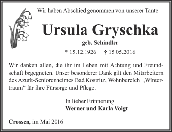 Traueranzeige von Ursula Gryschka von Ostthüringer Zeitung