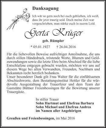 Traueranzeige von Gerta Krüger von Thüringer Allgemeine