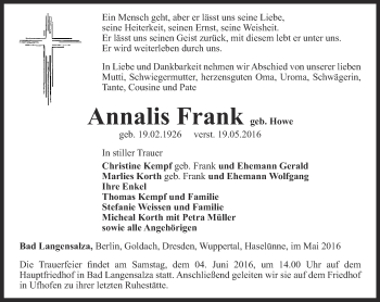 Traueranzeige von Annalis Frank von Thüringer Allgemeine, Thüringische Landeszeitung