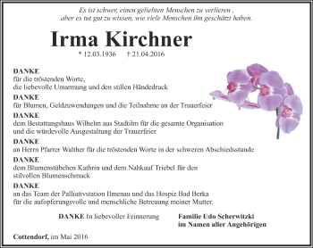 Traueranzeige von Irma Kirchner von Thüringer Allgemeine