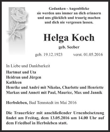 Traueranzeige von Helga Koch von Thüringer Allgemeine, Thüringische Landeszeitung