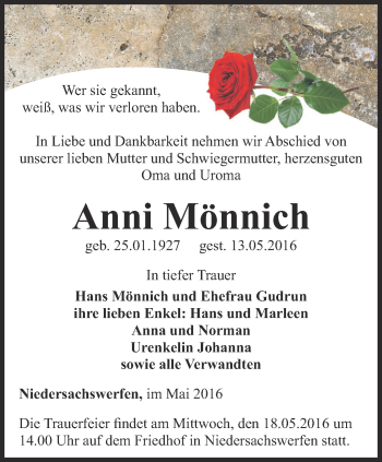Traueranzeige von Anni Mönnich von Thüringer Allgemeine