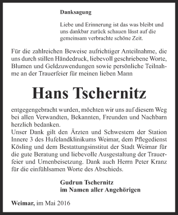 Traueranzeige von Hans Tschernitz von Thüringer Allgemeine, Thüringische Landeszeitung