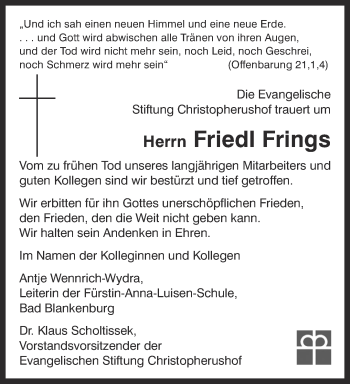 Traueranzeige von Friedl Frings von Ostthüringer Zeitung