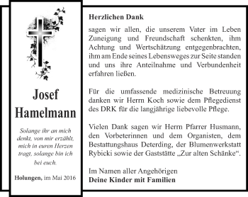 Traueranzeige von Josef Hamelmann von Thüringer Allgemeine