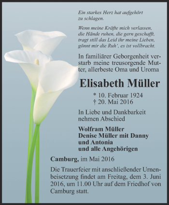 Traueranzeige von Elisabeth Müller von Ostthüringer Zeitung, Thüringische Landeszeitung