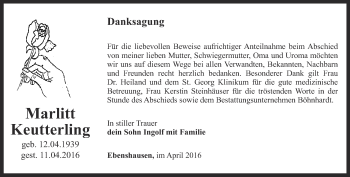 Traueranzeige von Marlitt Keutterling von Thüringer Allgemeine, Thüringische Landeszeitung