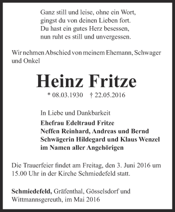 Traueranzeige von Heinz Fritze von Ostthüringer Zeitung