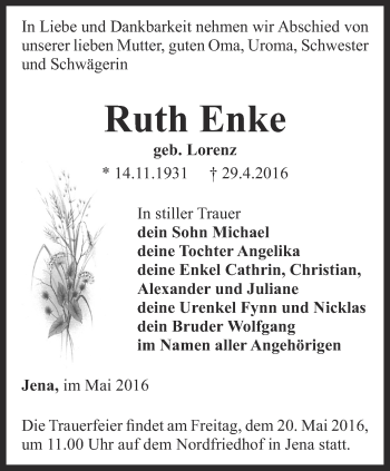 Traueranzeige von Ruth Enke von Ostthüringer Zeitung, Thüringische Landeszeitung